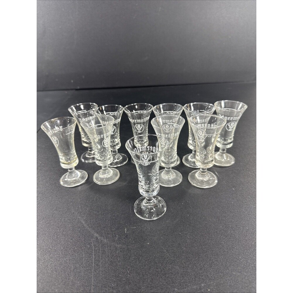 Vintage Set of 11 Jagermeister Footed Stemmed Shot Glasses 2CL Logo Barware